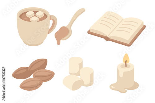 Chocolate Comfort Ritual. Isometric vector illustration set Chocolate Comfort Ritual: ceramic cup, spoon with foam, cocoa beans,