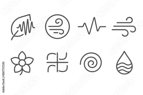Nature Sound Icons. Line style icons of natural sound indicators: sound wave leaf, breeze tone ring, organic pulse symbol, ambient