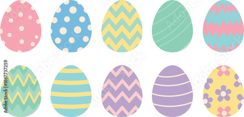Colorful easter eggs with various patterns isolated on white background
