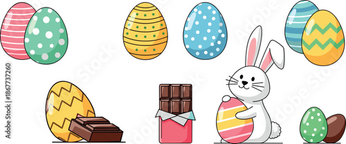 Colorful easter eggs and chocolate bunny on white background
