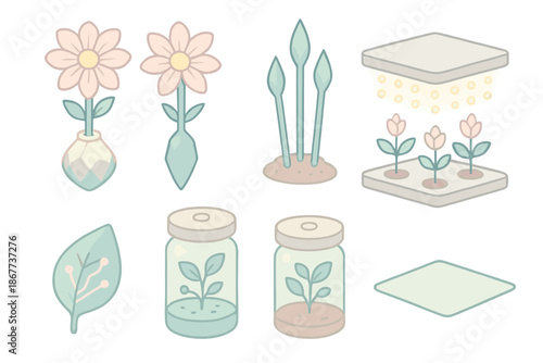 Futuristic Floral Laboratory. Isometric vector illustration set Genetic Bloom Lab: engineered flower pods, crystalline stems,