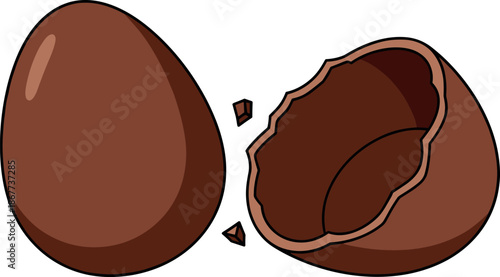 Brown chocolate easter egg broken open isolated on white background
