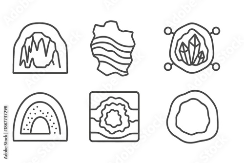 Rock Formation Icons. Line style icons of rock hollow compositions: cavern slice grid, sediment layer map, hollow formation node,