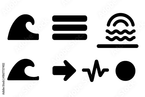 Tide Menu Icons. Solid style icons of tidal maxima as menus: tide wave, menu button, crest line, ripple arc, selection highlight,