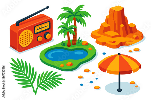 Desert Oasis Radio Icons. Isometric vector illustration set Desert Oasis Radio: retro transistor radio, oasis pond, desert rock