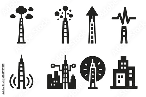 Spore Network Icons. Solid style icons of spore tower networks: vertical structure, spore cloud, upward flow, pulse line, motion
