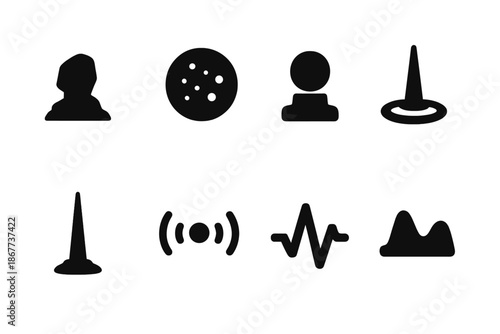 Dust Particle Icons. Solid style icons of dust particle monuments: tiny rock pillar, particle outline, micro pedestal, ripple base