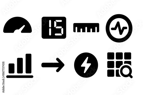 Scale Calculation Icons. Solid style icons of scale-based calculations: segmented shell, numeric indicators, measurement line,