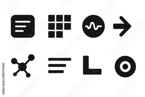 Linguistic Icons Collection. Solid style icons of base linguistic frameworks: text block, structural grid, pulse dot, directional