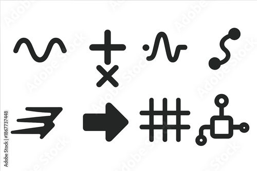Flow Pattern Icons. Solid style icons of flow pattern equations: wave line, mathematical symbols, pulse dot, flow path, energy