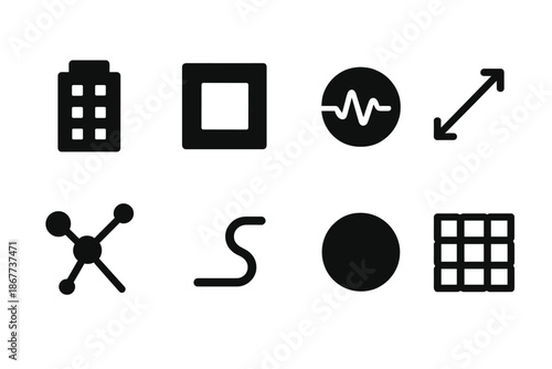 Abstract Architecture Icons. Solid style icons of emptiness architecture: building silhouette, void block, pulse circle,