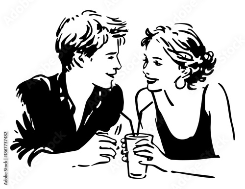Happy young couple drinking cocktails and looking at each other in love sketch style