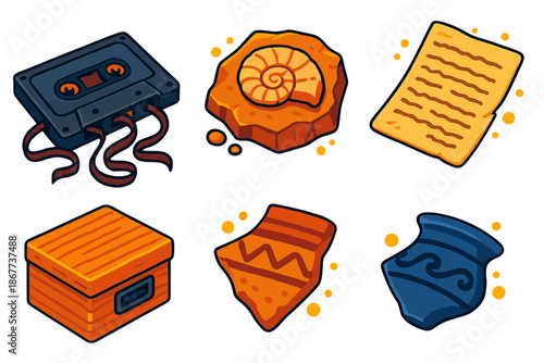 Archaeological Audio Icons. Isometric vector illustration set Archaeologic Audio Tape: unraveling cassette tape, fossil fragment,