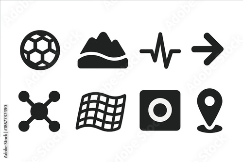 Insect Eye Mapping. Solid style icons of insect eye mountain mapping: compound eye, mountain contour, pulse line, directional