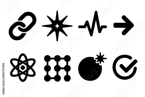 Luminous Connection Icons. Solid style icons of luminous join indicator: linked circles, bright flare, pulse line, directional