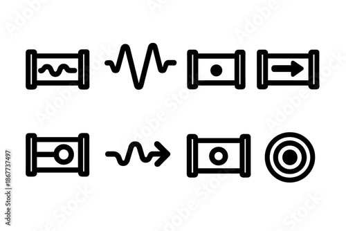 Conduit Signal Icons. Solid style icons of conduit with frequency waves: pipe outline, waveform signal, pulse dot, directional