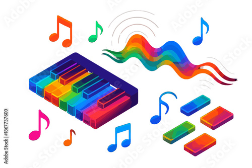 Synesthesia Color Piano. Isometric vector illustration set Synesthesia Color Piano: radiant piano keys, floating musical notes,