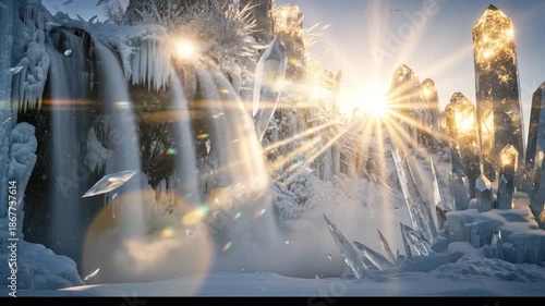 Ethereal icefall with crystals and radiant sunbeams