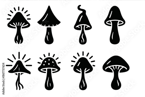 Ethereal Fungal Icon. Solid style icons of an ethereal fungus pinnacle: radiant fungal crest, glowing cap peak, vapor-lit spire,