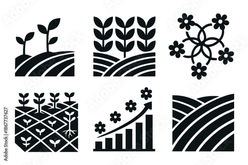 Patterned Field Icons. Solid style icons of a growing patterned field: progressive plant formation, layered leaf matrix, expanding