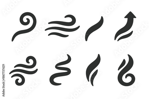 Airy Ascent Icons. Solid style icons of an airy, winding ascent: spiraling wind path, flowing gust trail, soft air curve, gentle