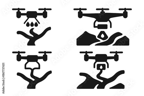 UAV Water System Icons. Solid style icons of a UAV studying branching water systems: drone with water sensor array, river branch
