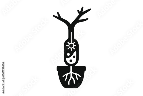 Futuristic Plant Vessel. Solid style icons of a dry plant vessel filled with xenon: translucent stem tube, gas-charged canal,