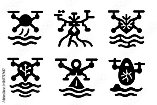 River Mapping Drones. Solid style icons of intelligent river mapping drones: autonomous water-path UAV, branching data collector,
