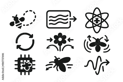 Micro-Flight Energy Patterns. Solid style icons of micro-flight energy patterns: particle bee path, air pressure circuit, insect