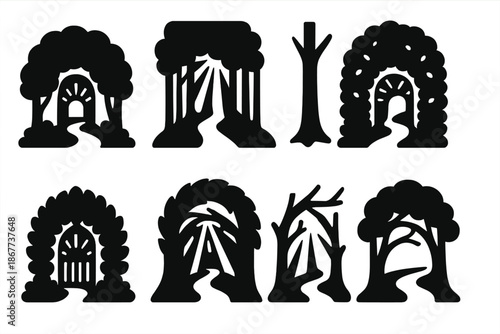 Radiant Forest Passage. Solid style icons of radiant woodland passages: glowing grove entrance, light-beam path, forest arch