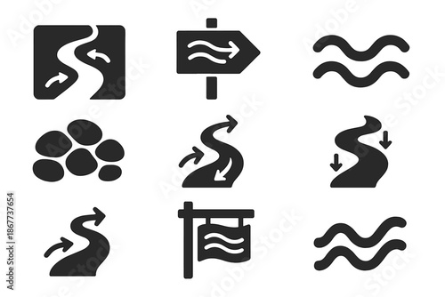 Hydrodynamic Path Icons. Solid style icons of hydrodynamic path markers: river current map, flow-based direction sign,