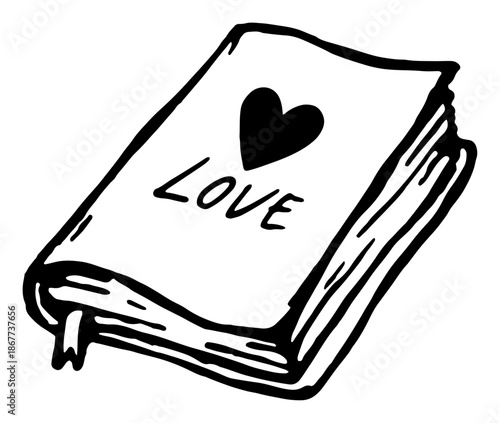 Sketch of closed book with heart and love text on cover