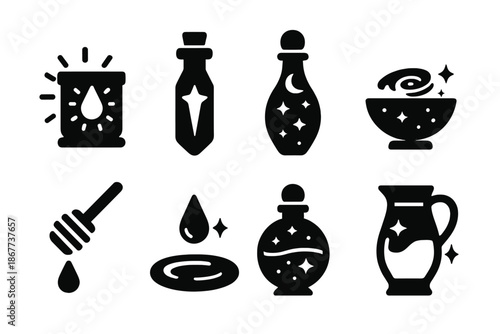 Celestial Nectar Icons. Solid style icons of celestial nectar collection: radiant dew chamber, luminous star vial, cosmic fluid