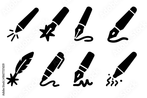 Photon Writing Tools. Solid style icons of photon-powered writing: radiant beam stylus, star energy pen, glowing ink flow, cosmic