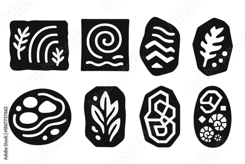 Artistic Paleontology Icons. Solid style icons of artistic paleontology forms: fossil mural design, ancient spiral painting,