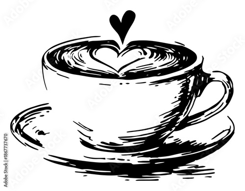 Hand drawn coffee cup with heart latte art and saucer