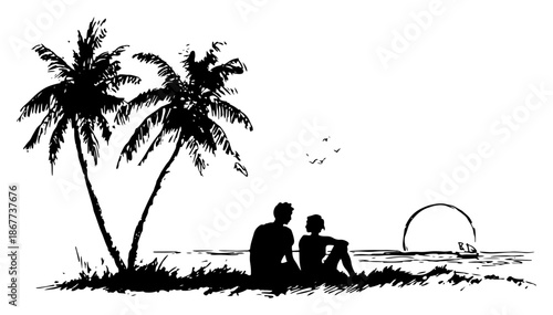 Silhouette of couple sitting under palm trees watching sunset on beach