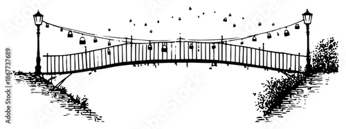 Sketch of arched bridge decorated with hanging love locks and street lamps