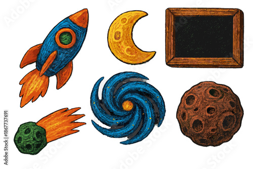 Chalkboard Space Icons. Isometric vector illustration set Rustic Chalkboard Universe: hand-drawn rocket ship, chalk moon fragment,