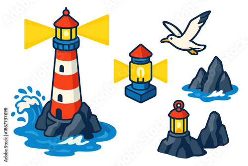 Vibrant Coastal Beacon. Isometric vector illustration set Lighthouse Beacon: coastal lighthouse, rotating beacon light, jagged