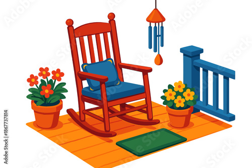 Rocking Chair Porch Scene. Isometric vector illustration set Rocking Chair Porch: classic porch scene, rocking chair with cushion,