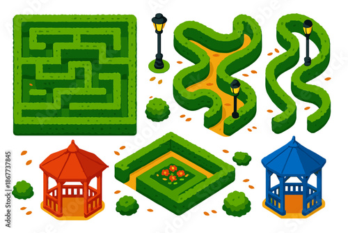 Urban Hedge Maze. Isometric vector illustration set Urban Hedge Maze: top-down hedge maze, twisting corridors, small gazebos, lamp