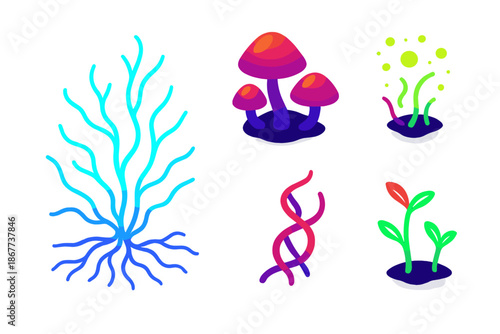 Mycelial Network Oracle. Isometric vector illustration set Mycelial Network Oracle: luminous mycelial network, small mushroom