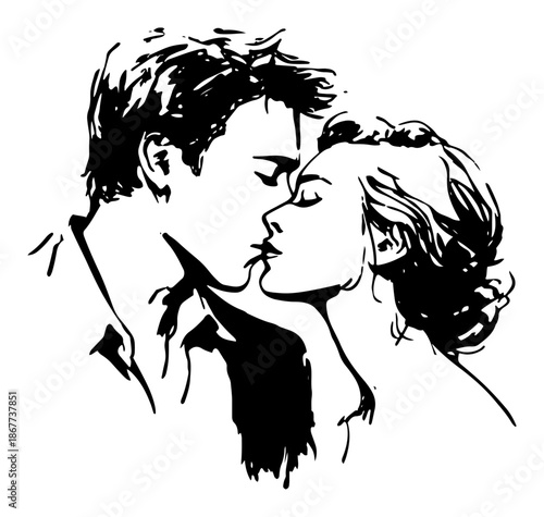 Romantic sketch of young couple leaning in for a kiss