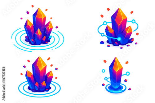 Resonant Crystal Energy. Isometric vector illustration set Resonant Frequency Crystal: luminous crystal cluster, vibrating energy