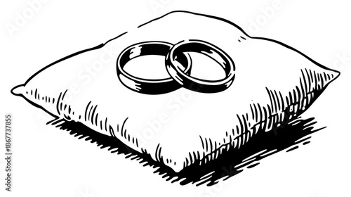 Hand drawn sketch of two wedding rings lying on soft pillow