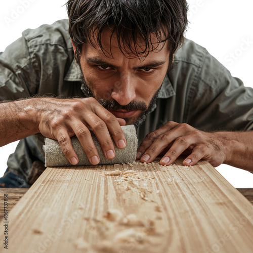 Man Working With Wood in Workshop During Daytime, Focused on Craft