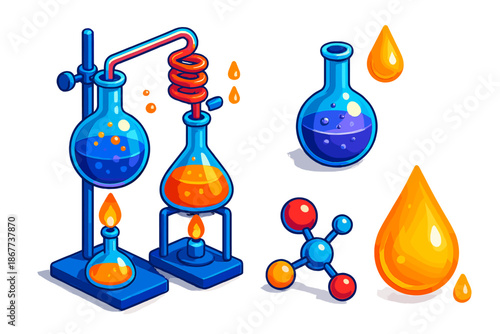 Molecular Distillation Art. Isometric vector illustration set Molecular Distillation Art: laboratory distillation scene, glass