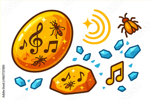 Fossilized Song Amber. Isometric vector illustration set Fossilized Song Amber: golden fossilized amber, embedded sound fragments,