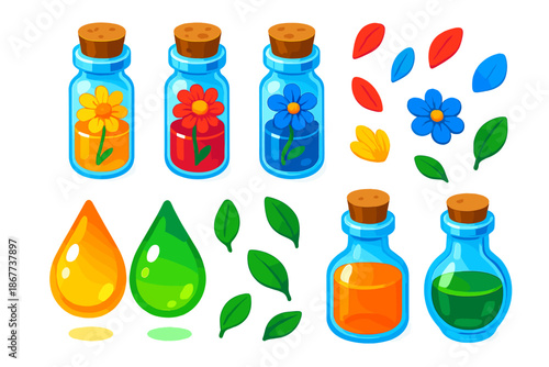 Botanical Essence Icons. Isometric vector illustration set Botanical Essence Story: miniature flower vials, floating petals,